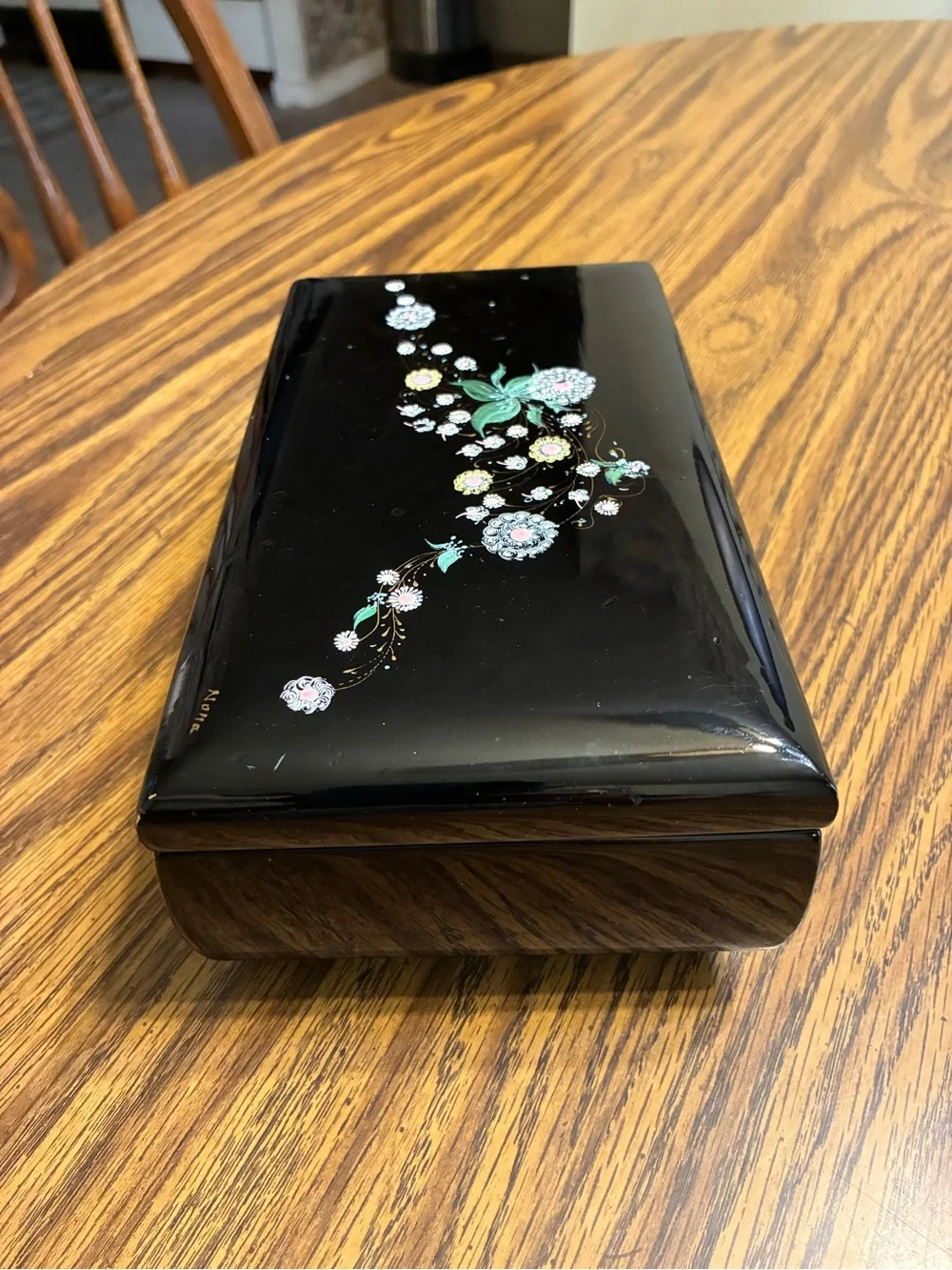 Black Floral Lacquered music & Jewelry Box 5”x8”